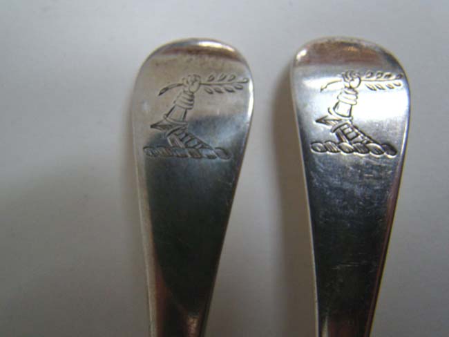 A pair of English sterling silver three prong Dessert Forks, maker S I or I S, London 1736 — image 3